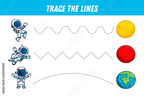 Tracing lines for kids. Cartoon astronaut and planets. Handwriting practice. Educational game for preschool kids. Activity page. 