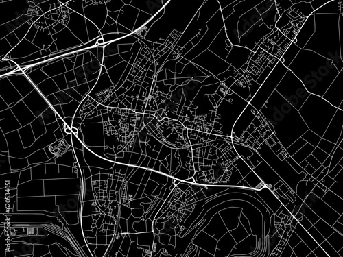 Vector road map of the city of  Grevenbroich in Germany on a black background.