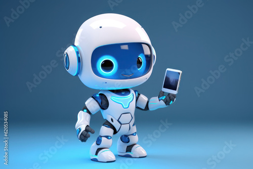 Little cute robot is holding a smartphone on a blue background. AI generative.