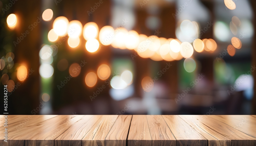 background with bokeh lights, Empty wooden table top with lights bokeh on blur restaurant background, dark, color, car, road, decoration, celebration, bright,  AI generated	