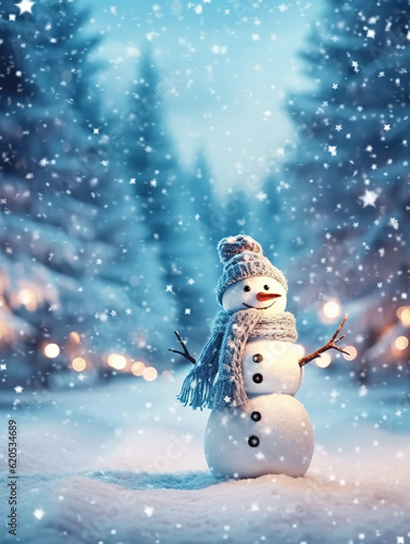 Canvas Print A cute smiling snowman stands against the backdrop of a festive winter landscape