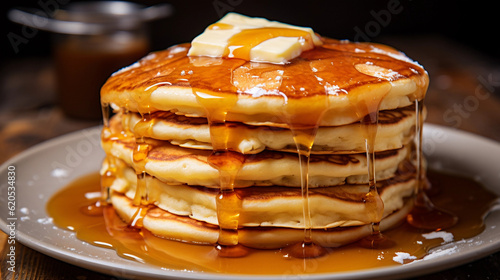 A stack of fluffy pancakes with a pat of melting butter and a drizzle of maple syrup