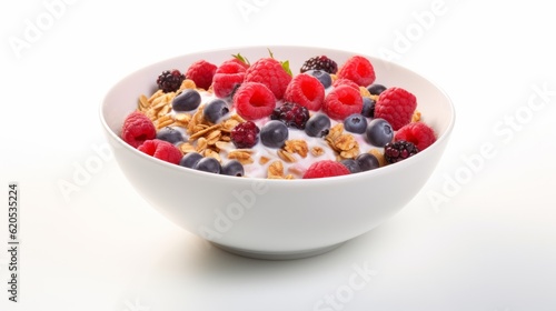 Food photography breakfast - muesli bowl with berry fruits raspberry, blueberry, blackberry and cereal , isolated on white background (Generative Ai)