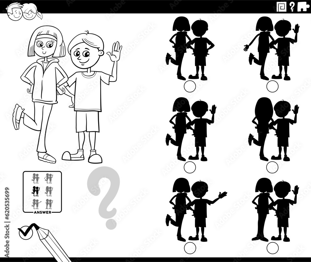 educational shadows game with girl and boy coloring page educational shadows game with girl and boy coloring page