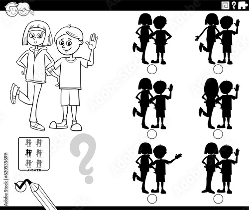 educational shadows game with girl and boy coloring page