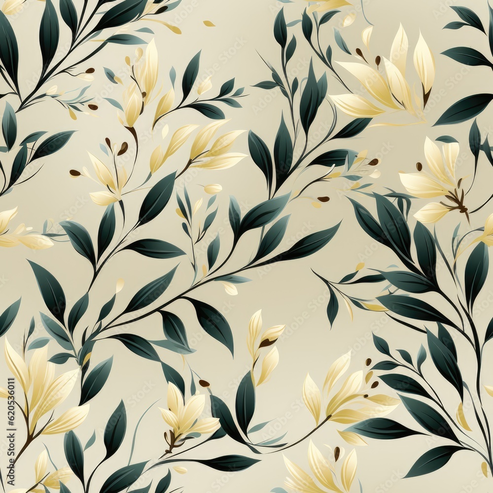 Seamless pattern of branches and leaves on a beige background. Generative AI Seamless pattern of branches and leaves on a beige background. Generative AI
