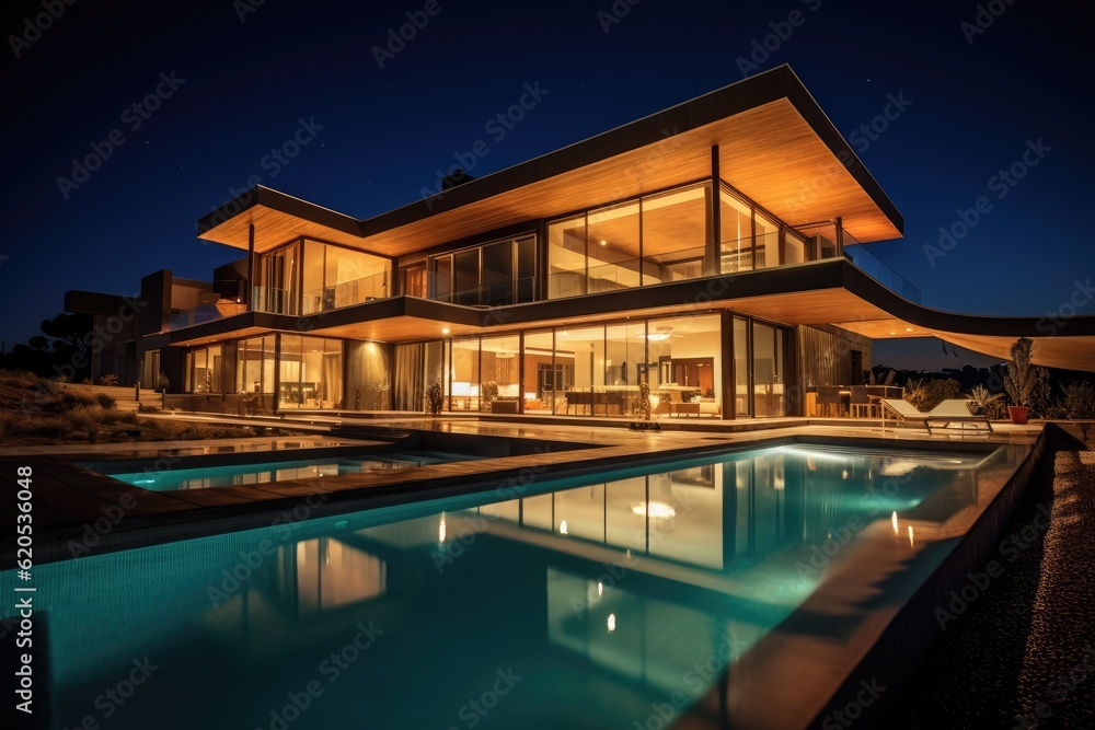 Large modern house with lighting and swimming pool at night. Generative AI