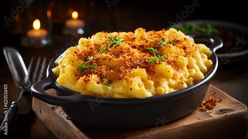 A bowl of comforting macaroni and cheese, baked to golden perfection with a crispy breadcrumb topping.