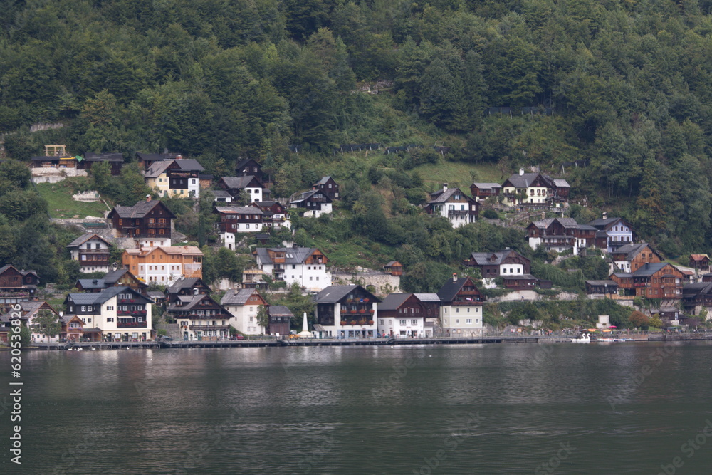 lakeside village surrounded by mountains, Austria