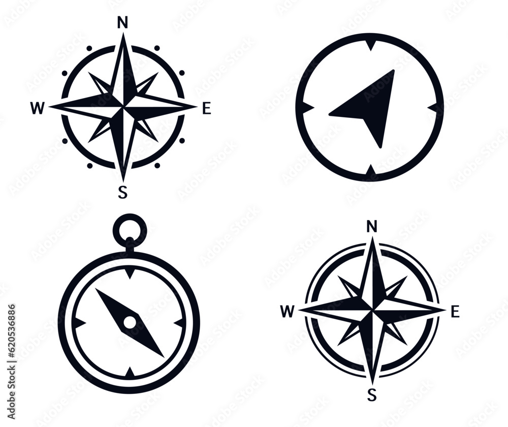 Four images of wind rose, compass and direction of travel - obrazy, fototapety, plakaty 