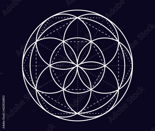 Drawing of many circles centered in a circle on a dark background