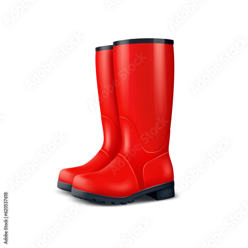 Red realistic rubber boots, for garden, vegetable garden and autumn rainy weather. On a white background.
