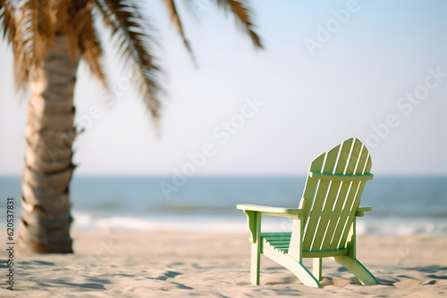 Light green deck chair in vintage style on a tropical beach. Sun lounger made of wood. Summer vacation card desigh  blurred background  copy space.