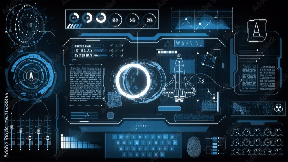 Spaceship HUD Display Data. Infographic high tech screen with animated futuristic hud elements (sliders, bars, loads, data, indicators, graphs, texts codes and more).