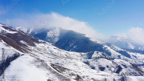 Altai mountains in winter: Terektinsky ridge. Aerial view.