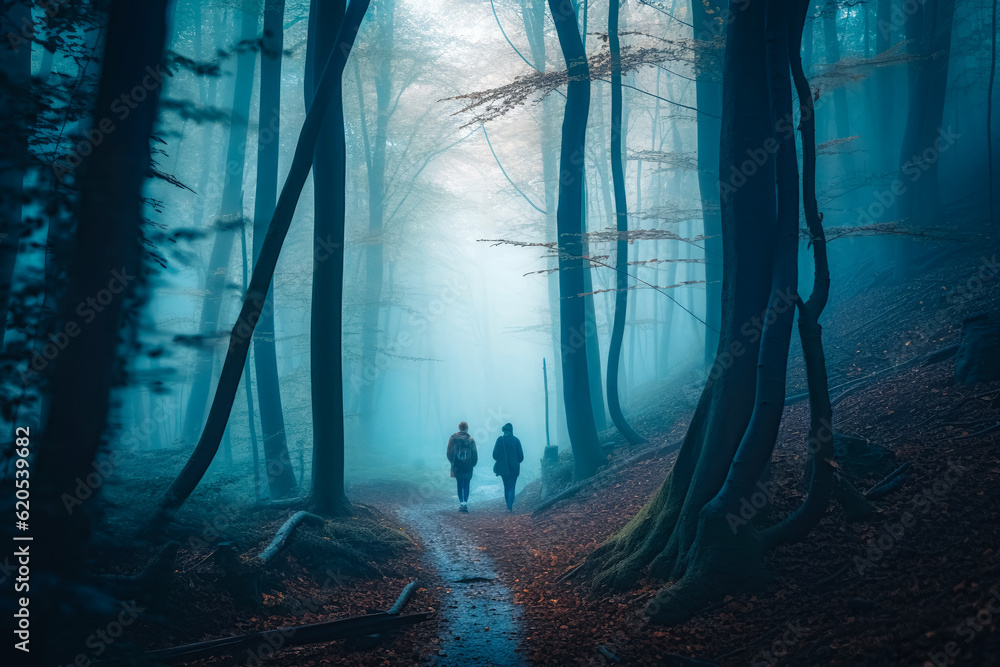 a couple walks through a serene, misty forest path focuses on the ...