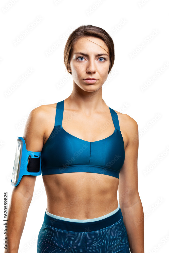 Portrait of a girl in sports outfit. Female runner against white background. Portrait of a girl in sports outfit. Female runner against white background.