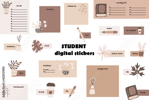 Digital stickers for students. Digital note papers and stickers for bullet journaling or planning. Student digital stickers. Vector cut out art.