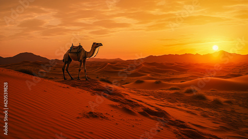 Captivating Sahara Desert  camel  caravan  breathtaking landscape  Generative AI illustration