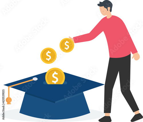 Education fund for college, Saving for school or university fee, study or training expense,Young woman insert money coin into mortarboard while holding degree scroll

