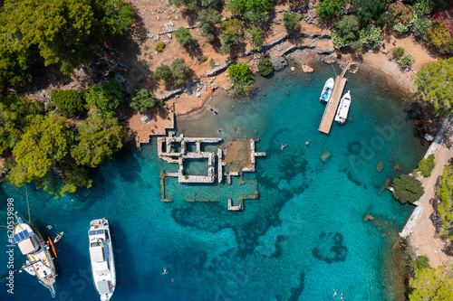 Gocek, Fethiye Muğla, Turkey A sailing yacht in Gocek, on Turkey's Aegean coast. Gocek is known for its pristine turquoise waters, remote beaches and historical ruins. © yusuf