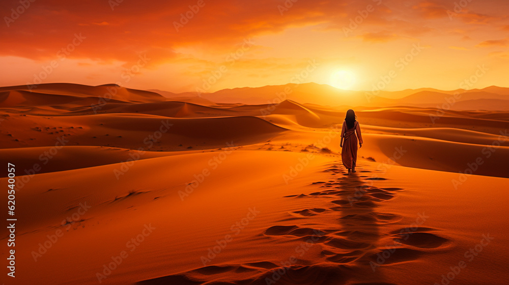 Captivating Sahara Desert, lonely person, breathtaking landscape, Generative AI illustration