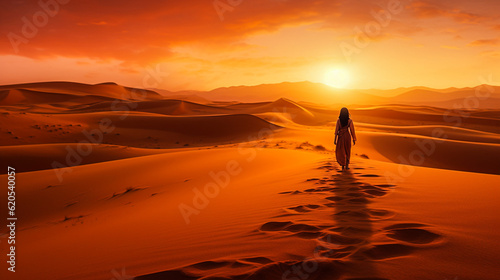 Captivating Sahara Desert, lonely person, breathtaking landscape, Generative AI illustration