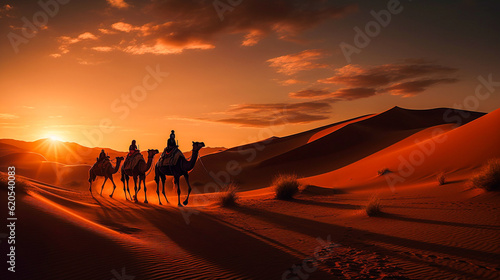 Captivating Sahara Desert  camel  caravan  breathtaking landscape  Generative AI illustration