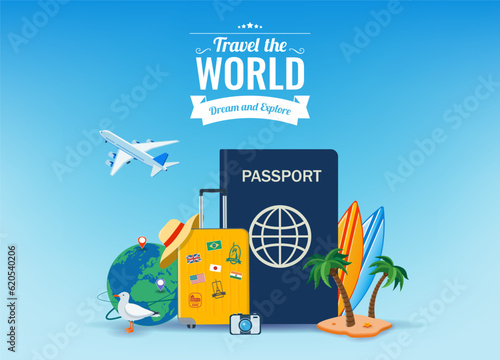 Travel and tourism concept. Advertising template. Vector
