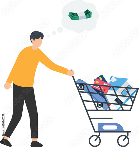 Expense planning, Living cost or budget management, Bills or credit card payment, Personal finance, Man with house, education and shopping cart

