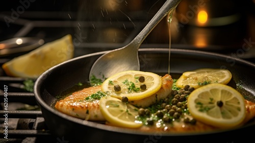 Sole Meunière being prepared in a frying pan with butter, capers, and lemon