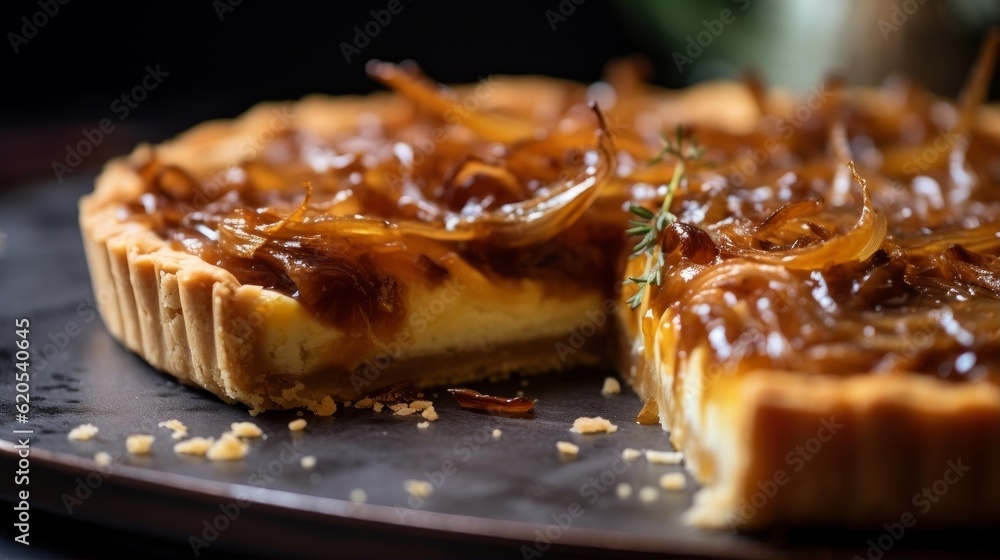 Tarte à l'Oignon with a crispy golden crust and glossy caramelized onions Tarte à l'Oignon with a crispy golden crust and glossy caramelized onions