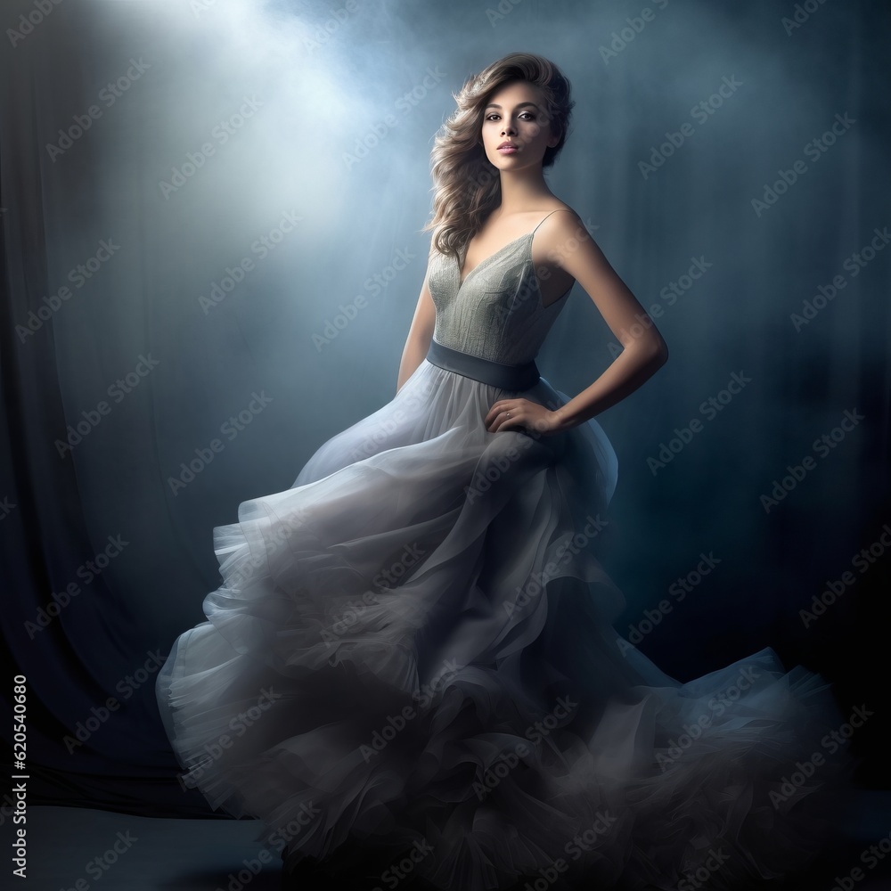 Beautiful young woman in light blue wedding dress on dark background with smoke. Studio shot. Portrait of a beautiful sensual young woman  in evening long dress. Beauty, fashion.