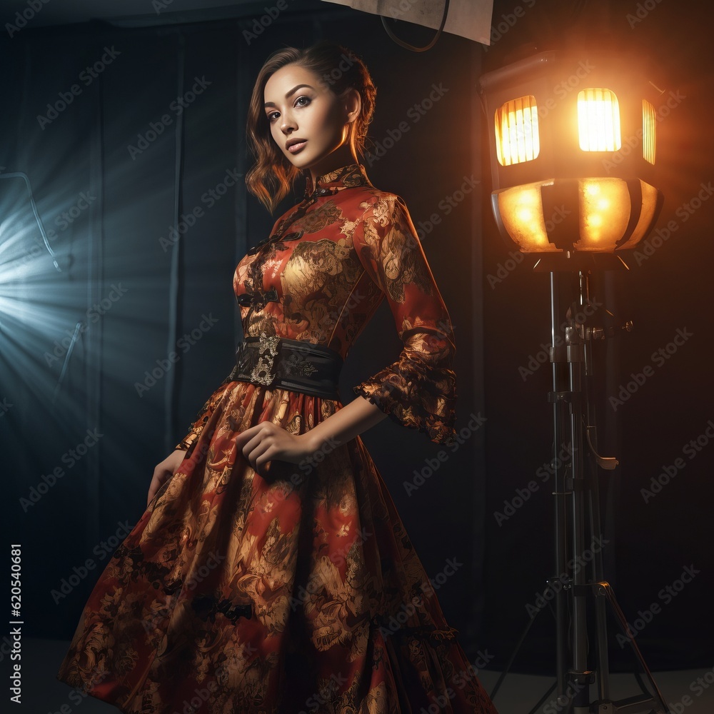 Fashion shot of a beautiful young woman in a red dress. Studio shot with a smoke. Portrait of a beautiful sensual young  woman  in stylish evening dress. Beauty, fashion. Contrast lighting.