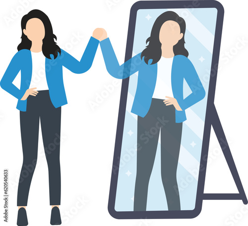 Self confidence and self respect, Motivation to success, Positive thinking and confidence in yourself, Businessmen look at confidence reflection in the mirror.

