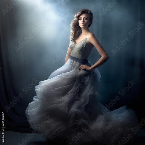 Beautiful young woman in light blue wedding dress on dark background with smoke. Studio shot. Portrait of a beautiful sensual young woman in evening long dress. Beauty, fashion.