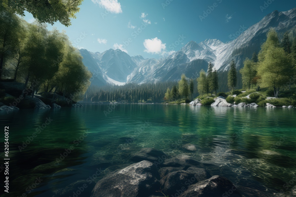 Pristine lake in untamed woods surrounded by mountains Generative AI
