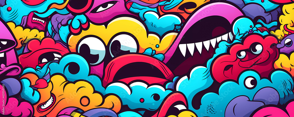 Comics illustration, retro and 90s style, monster pop art, abstract crazy and psychedelic background, Generative AI