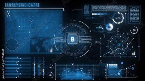 HUD Finance Screen. Futuristic screen with animated digital graphs, bitcoin sign, charts, computer data, analysis.