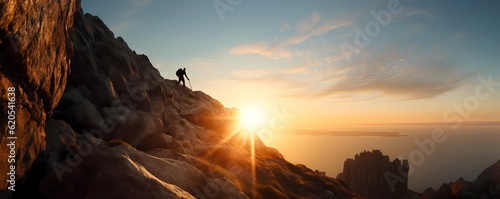 Man climbing a mountain cliff at sunset or dawn. Epic shot of lifestyle concept. Extreme sport challenge action. Free person with equipment and wires as fearless and successful effort. Generative ai