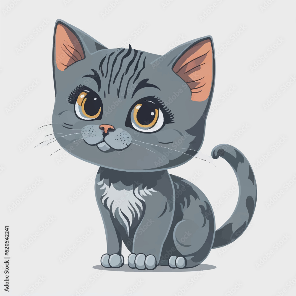 cute grey cat cartoon, vector, illustration, white background cute grey cat cartoon, vector, illustration, white background