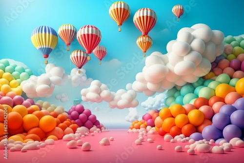 A vibrant abstract 3D rainbow adorned with clouds and colors, Generative Ai