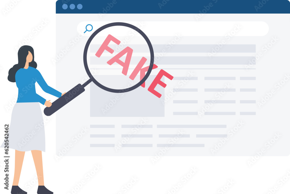 Fake information spreading on websites and social media, Screening or verifying the truth, Women with a magnifying glass verifies fake news on a website
Fake information spreading on websites and social media, Screening or verifying the truth, Women with a magnifying glass verifies fake news on a website