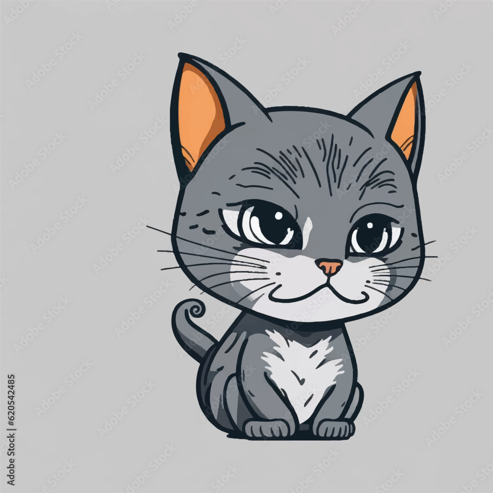 cute grey cat cartoon, vector, illustration, white background
