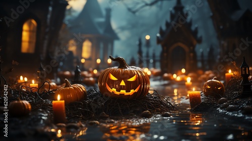 Halloween pumpkins in the dark on background night graveyard with candles. Jack O’ Lanterns. Generative AI