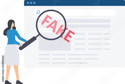 Fake information spreading on websites and social media, Screening or verifying the truth, Women with a magnifying glass verifies fake news on a website

