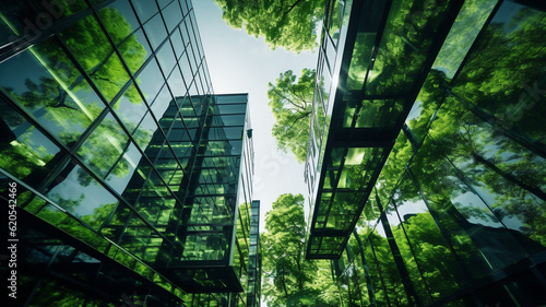 Eco-friendly building in modern city. Sustainable glass office building with trees for reducing carbon dioxide. Office building with green environment. Corporate building reduce CO2. By generative AI.