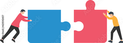 Solution and teamwork to solve problems, Cooperation or collaboration to succeed in work, Business people connect jigsaw to work together

