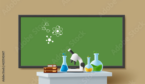 Interior of school chemical laboratory with table and board, microscope, flasks and tubes. Experiment in chemistry classroom in school. 3d illustration