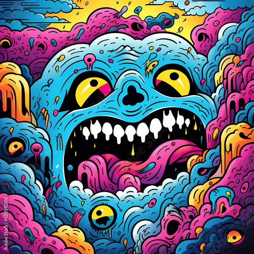 Comics illustration  retro and 90s style  monster pop art  abstract crazy and psychedelic background  Generative AI